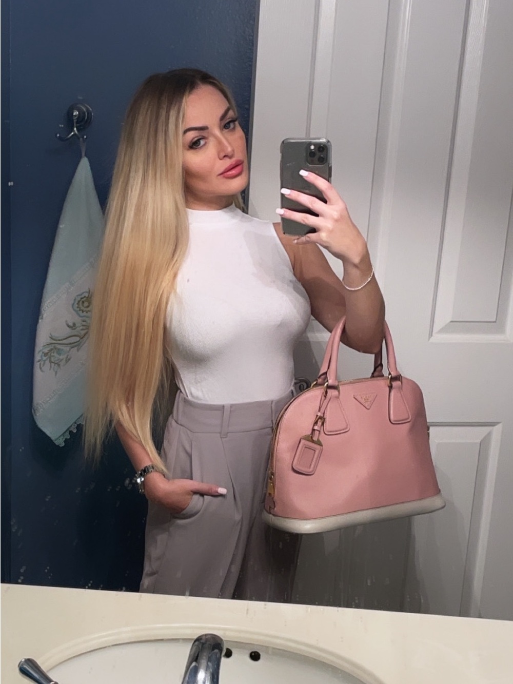 Prada Pink Saffiano Dome Satchel with White Base and Gold Hardware - Picture 2 of 15